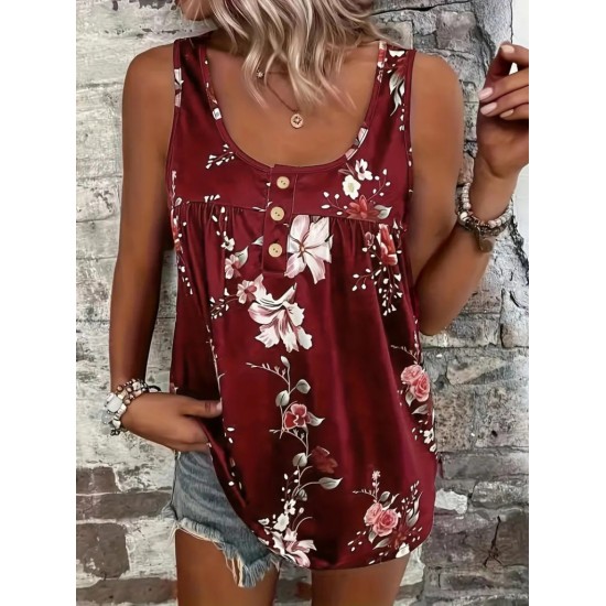 Kadın Kalın Askılı önü Düğme Detay çiçek Desen Bluz, 17939