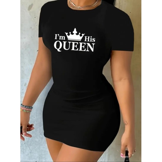 Kadın Kısa Kollu Queen Baskı Iki Iplik Mini Elbise , 17660 Kadın Kısa Kollu Queen Baskı Iki Iplik Mini Elbise , 17660