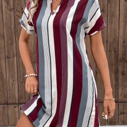 Kadın Kısa Kollu V Yakalı çizgi Baskılı Süprem Elbise , 18124