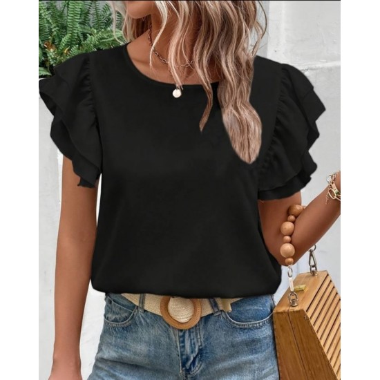 Crew Neck Sleeves Flounce Imported Crepe Blouse, 16449 Crew Neck Sleeves Flounce Imported Crepe Blouse, 16449