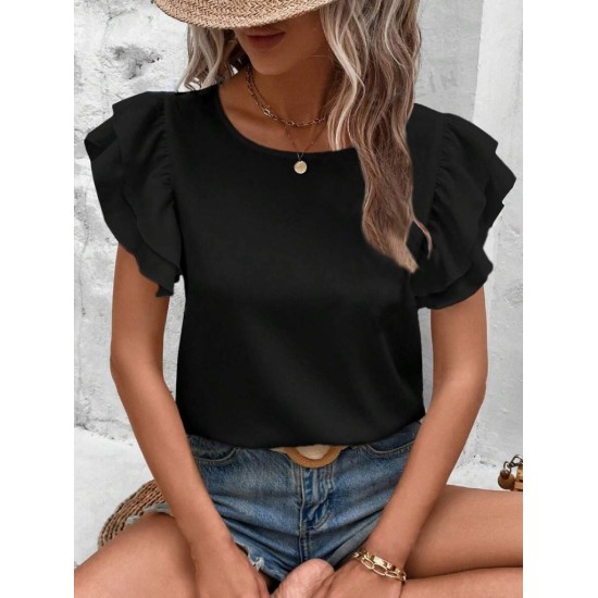 Crew Neck Sleeves Flounce Imported Crepe Blouse, 16449 Crew Neck Sleeves Flounce Imported Crepe Blouse, 16449