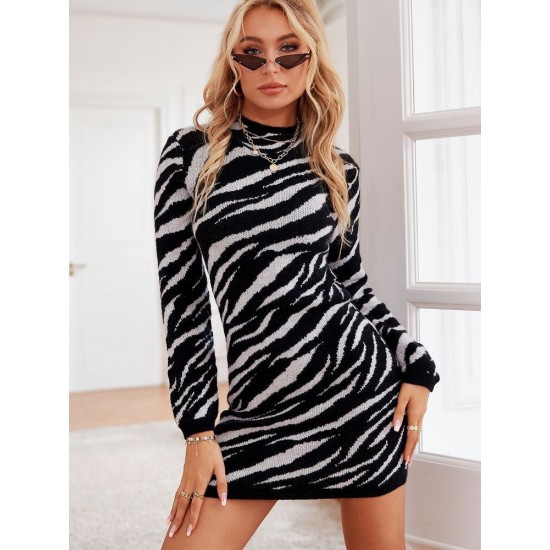 Women' S Long Sleeve Black And White Zebra Pattern Knit Dress , 5538 Women' S Long Sleeve Black And White Zebra Pattern Knit Dress , 5538