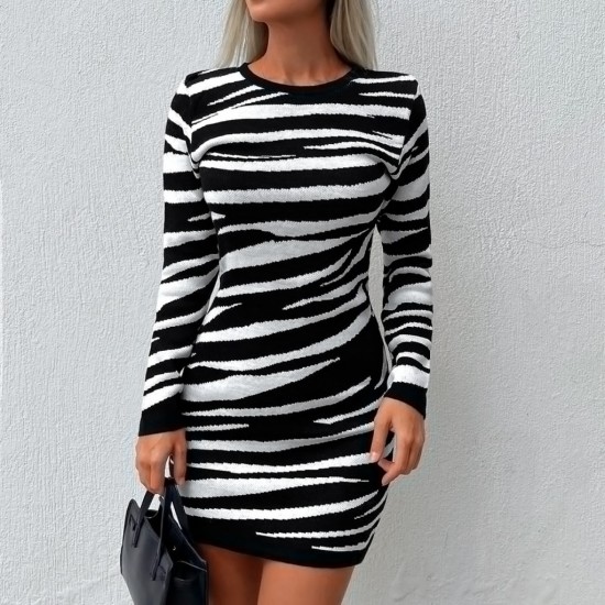 Women' S Long Sleeve Black And White Zebra Pattern Knit Dress , 5538 Women' S Long Sleeve Black And White Zebra Pattern Knit Dress , 5538
