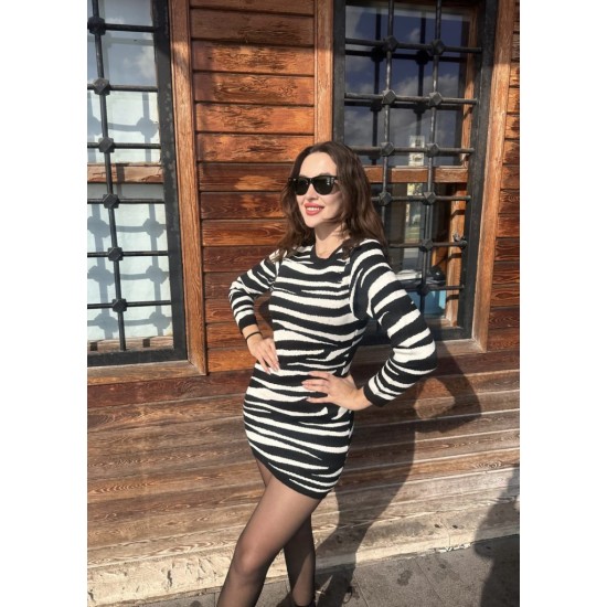 Women' S Long Sleeve Black And White Zebra Pattern Knit Dress , 5538 Women' S Long Sleeve Black And White Zebra Pattern Knit Dress , 5538
