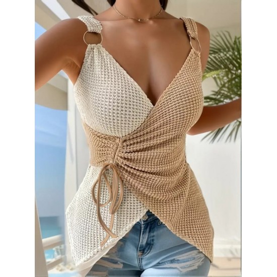 Women' S Strappy Ring Detail Double Color Asymmetrical Knitted Blouse , 18190 Women' S Strappy Ring Detail Double Color Asymmetrical Knitted Blouse , 18190