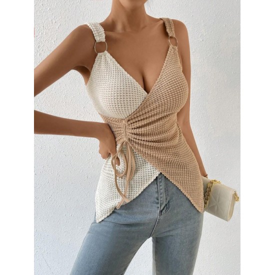 Women' S Strappy Ring Detail Double Color Asymmetrical Knitted Blouse , 18190 Women' S Strappy Ring Detail Double Color Asymmetrical Knitted Blouse , 18190
