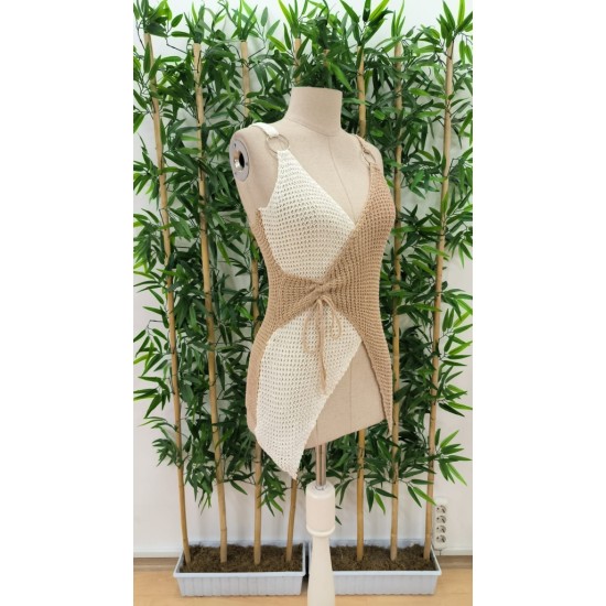 Women' S Strappy Ring Detail Double Color Asymmetrical Knitted Blouse , 18190 Women' S Strappy Ring Detail Double Color Asymmetrical Knitted Blouse , 18190