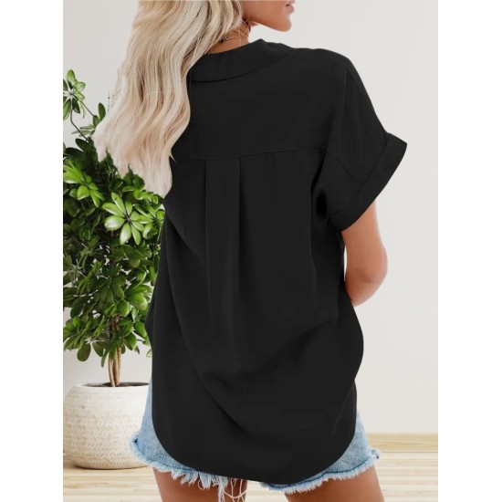 Women' S Short Sleeve V-neck Button-down Woven Shirt, 17983 Women' S Short Sleeve V-neck Button-down Woven Shirt, 17983