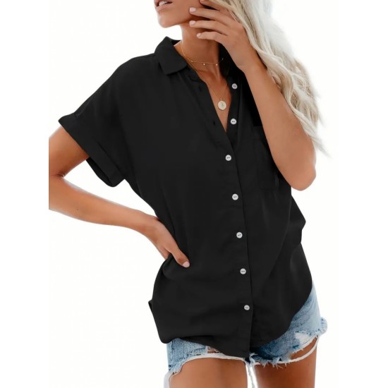 Women' S Short Sleeve V-neck Button-down Woven Shirt, 17983 Women' S Short Sleeve V-neck Button-down Woven Shirt, 17983