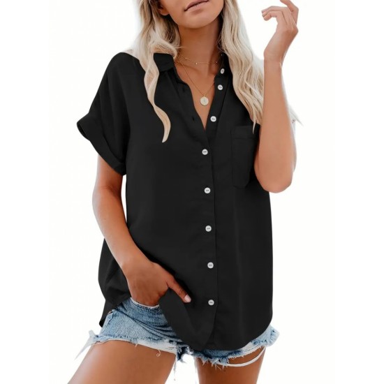 Women' S Short Sleeve V-neck Button-down Woven Shirt, 17983 Women' S Short Sleeve V-neck Button-down Woven Shirt, 17983