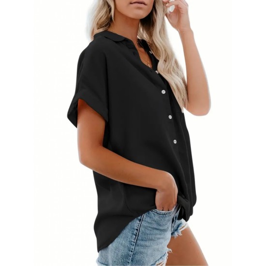 Women' S Short Sleeve V-neck Button-down Woven Shirt, 17983 Women' S Short Sleeve V-neck Button-down Woven Shirt, 17983