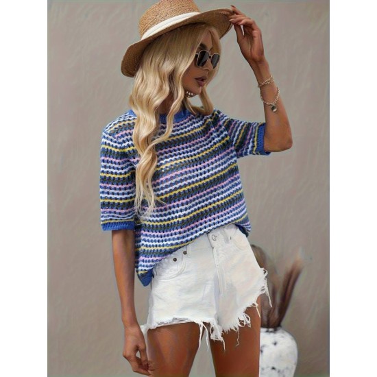 Women' S Short Sleeve Crew Neck Colorful Stripe Detailed Knit Blouse, 16015 Women' S Short Sleeve Crew Neck Colorful Stripe Detailed Knit Blouse, 16015