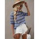 Women' S Short Sleeve Crew Neck Colorful Stripe Detailed Knit Blouse, 16015 Women' S Short Sleeve Crew Neck Colorful Stripe Detailed Knit Blouse, 16015