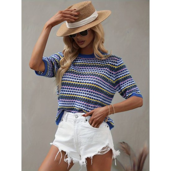 Women' S Short Sleeve Crew Neck Colorful Stripe Detailed Knit Blouse, 16015 Women' S Short Sleeve Crew Neck Colorful Stripe Detailed Knit Blouse, 16015
