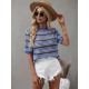 Women' S Short Sleeve Crew Neck Colorful Stripe Detailed Knit Blouse, 16015 Women' S Short Sleeve Crew Neck Colorful Stripe Detailed Knit Blouse, 16015
