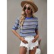 Women' S Short Sleeve Crew Neck Colorful Stripe Detailed Knit Blouse, 16015 Women' S Short Sleeve Crew Neck Colorful Stripe Detailed Knit Blouse, 16015