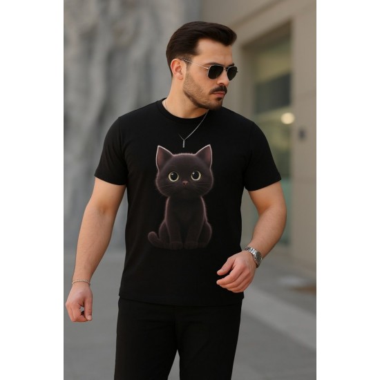 Erkek Bisiklet Yaka Kedi Baskılı Süprem T-shirt , 18566