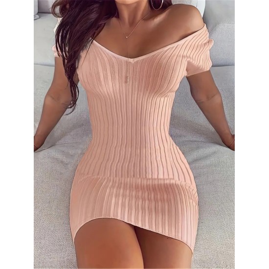 Women' S Short Sleeve V-neck Ribbed Knit Dress, 15424 Women' S Short Sleeve V-neck Ribbed Knit Dress, 15424