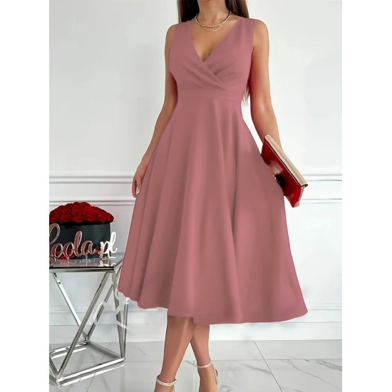 Women' S Imported Crepe Fabric Double-breasted Collar Skirt Flared Sleeveless Mini Dress, 18616 Women' S Imported Crepe Fabric Double-breasted Collar Skirt Flared Sleeveless Mini Dress, 18616
