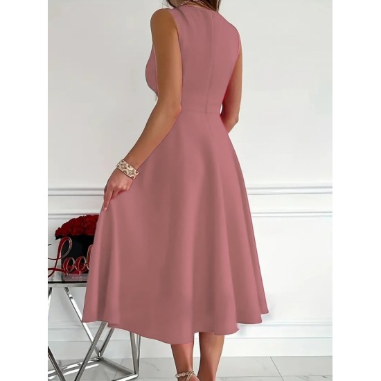 Women' S Imported Crepe Fabric Double-breasted Collar Skirt Flared Sleeveless Mini Dress, 18616 Women' S Imported Crepe Fabric Double-breasted Collar Skirt Flared Sleeveless Mini Dress, 18616