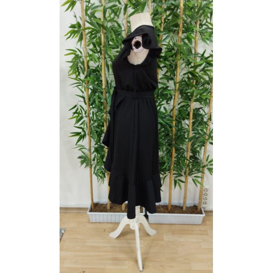 Women' S Double-breasted Crepe Long Dress With Ruffle Sleeves And Hem , 18613 Women' S Double-breasted Crepe Long Dress With Ruffle Sleeves And Hem , 18613