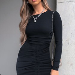 Kadın Uzun Kollu Bisiklet Yaka ön Büzgülü Kaşkorse Elbise, 19000