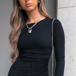 Kadın Uzun Kollu Bisiklet Yaka ön Büzgülü Kaşkorse Elbise, 19000