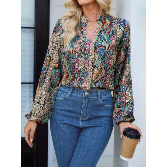 Women' S Long Sleeved V-neck Loose Jersey Blouse , 18996 Women' S Long Sleeved V-neck Loose Jersey Blouse , 18996