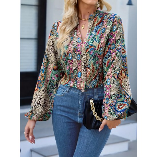 Women' S Long Sleeved V-neck Loose Jersey Blouse , 18996 Women' S Long Sleeved V-neck Loose Jersey Blouse , 18996