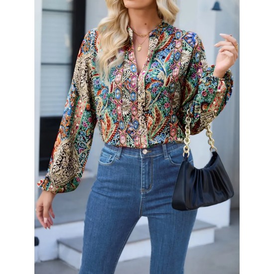 Women' S Long Sleeved V-neck Loose Jersey Blouse , 18996 Women' S Long Sleeved V-neck Loose Jersey Blouse , 18996