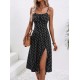 Kadın Ip Askılı Yuvarlak Yaka Puantiyeli Yırtmaçlı Midi Süprem Elbise, 19146