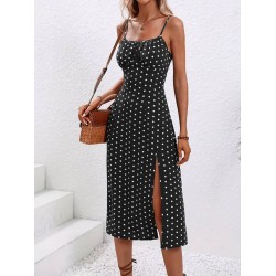 Kadın Ip Askılı Yuvarlak Yaka Puantiyeli Yırtmaçlı Midi Süprem Elbise, 19146
