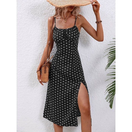 Kadın Ip Askılı Yuvarlak Yaka Puantiyeli Yırtmaçlı Midi Süprem Elbise, 19146