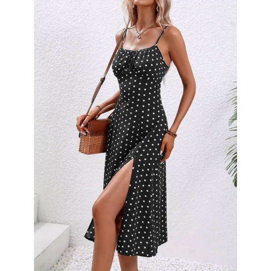 Kadın Ip Askılı Yuvarlak Yaka Puantiyeli Yırtmaçlı Midi Süprem Elbise, 19146