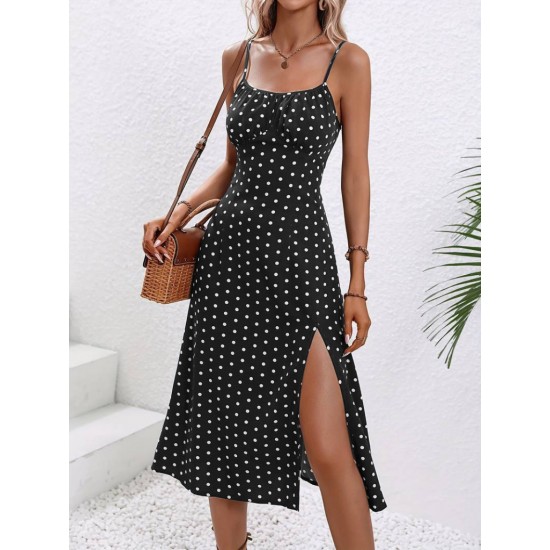 Kadın Ip Askılı Yuvarlak Yaka Puantiyeli Yırtmaçlı Midi Süprem Elbise, 19146