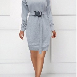 Kadın Uzun Kollu Bisiklet Yaka Kuşaklı Iki Iplik Elbise, 19251