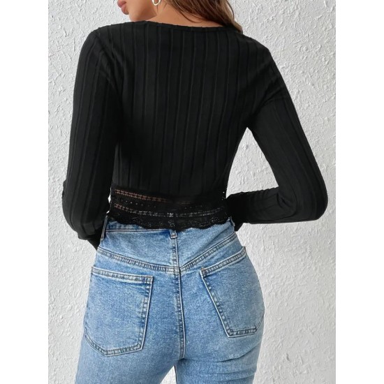Women' S Long Sleeve Round Neck Ribbed Lace Detail Thick Ribbed Camisole Crop Blouse, 19284 Women' S Long Sleeve Round Neck Ribbed Lace Detail Thick Ribbed Camisole Crop Blouse, 19284