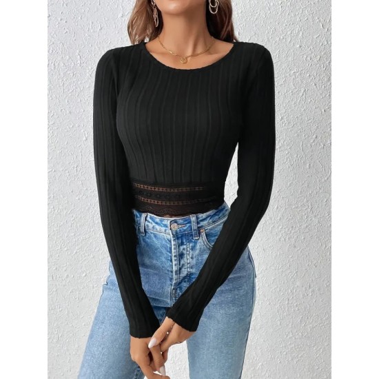 Women' S Long Sleeve Round Neck Ribbed Lace Detail Thick Ribbed Camisole Crop Blouse, 19284 Women' S Long Sleeve Round Neck Ribbed Lace Detail Thick Ribbed Camisole Crop Blouse, 19284