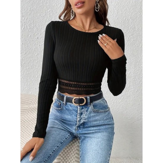Women' S Long Sleeve Round Neck Ribbed Lace Detail Thick Ribbed Camisole Crop Blouse, 19284 Women' S Long Sleeve Round Neck Ribbed Lace Detail Thick Ribbed Camisole Crop Blouse, 19284