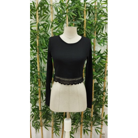 Women' S Long Sleeve Round Neck Ribbed Lace Detail Thick Ribbed Camisole Crop Blouse, 19284 Women' S Long Sleeve Round Neck Ribbed Lace Detail Thick Ribbed Camisole Crop Blouse, 19284