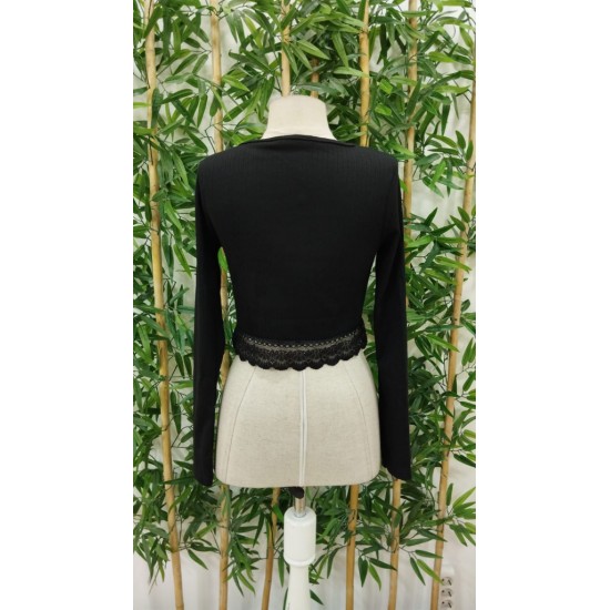 Women' S Long Sleeve Round Neck Ribbed Lace Detail Thick Ribbed Camisole Crop Blouse, 19284 Women' S Long Sleeve Round Neck Ribbed Lace Detail Thick Ribbed Camisole Crop Blouse, 19284