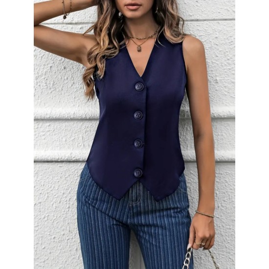 Women' S V-neck Front Buttoned Imported Crepe Vest, 17780 Women' S V-neck Front Buttoned Imported Crepe Vest, 17780
