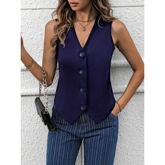 Women' S V-neck Front Buttoned Imported Crepe Vest, 17780 Women' S V-neck Front Buttoned Imported Crepe Vest, 17780