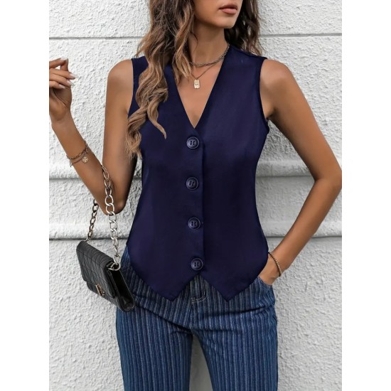 Women' S V-neck Front Buttoned Imported Crepe Vest, 17780 Women' S V-neck Front Buttoned Imported Crepe Vest, 17780