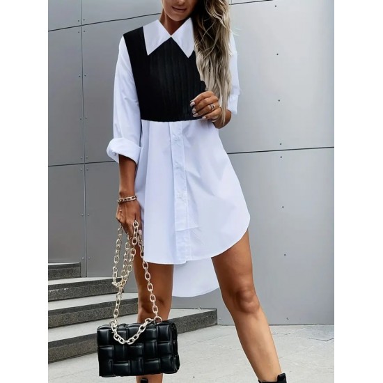 Women' S Long Sleeve Shirt Collar Bicolor Knitted Dress, 19320 Women' S Long Sleeve Shirt Collar Bicolor Knitted Dress, 19320