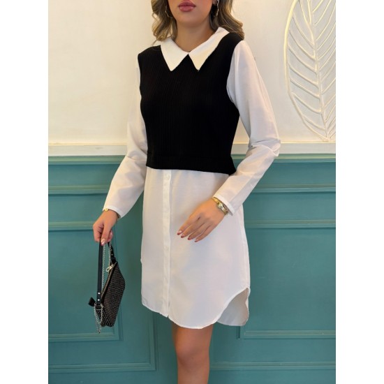 Women' S Long Sleeve Shirt Collar Bicolor Knitted Dress, 19320 Women' S Long Sleeve Shirt Collar Bicolor Knitted Dress, 19320