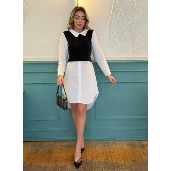 Women' S Long Sleeve Shirt Collar Bicolor Knitted Dress, 19320 Women' S Long Sleeve Shirt Collar Bicolor Knitted Dress, 19320