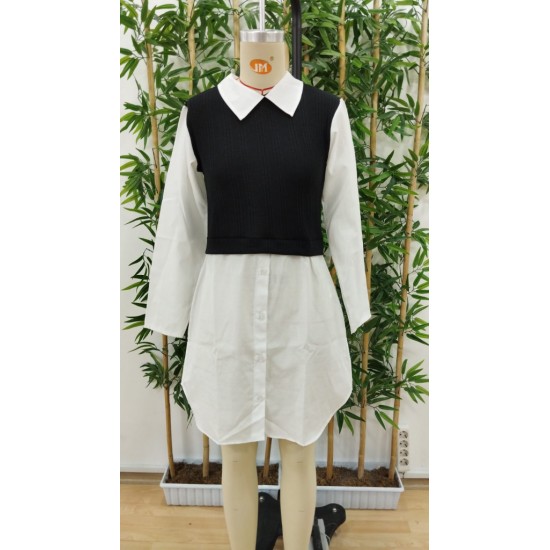 Women' S Long Sleeve Shirt Collar Bicolor Knitted Dress, 19320 Women' S Long Sleeve Shirt Collar Bicolor Knitted Dress, 19320