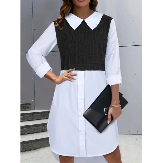 Women' S Long Sleeve Shirt Collar Bicolor Knitted Dress, 19320 Women' S Long Sleeve Shirt Collar Bicolor Knitted Dress, 19320