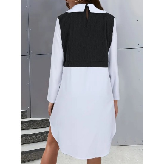 Women' S Long Sleeve Shirt Collar Bicolor Knitted Dress, 19320 Women' S Long Sleeve Shirt Collar Bicolor Knitted Dress, 19320